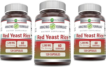 Amazing Formulas Red Yeast Rice 1200mg Per Serving Capsules Supplement | Non-GMO | Gluten Free | Made in USA (120 Count | 3 Pack)