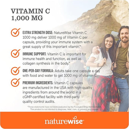 NatureWise Vitamin C 1000mg Capsules - Extra Strength Vegan Vitamin C for Daily Antioxidant & Immune Support - Non-GMO, USA Manufactured - 120 Capsules[120-Day Supply]