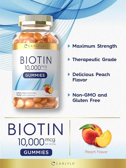 Carlyle Biotin 10000mcg Gummies | 100 Count | Peach Flavor Supplement | Vegan, Non-GMO, Gluten Free