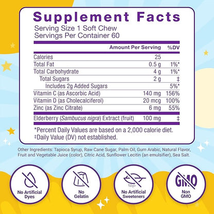 FORCE FACTOR Kids Immune Health Super Chews, Kids Immune Support Supplement with Vitamin D for Kids, Elderberry, Vitamin C, & Zinc, 2-Month Supply, Non-GMO, Apple Berry Flavor, 60 Soft Chews
