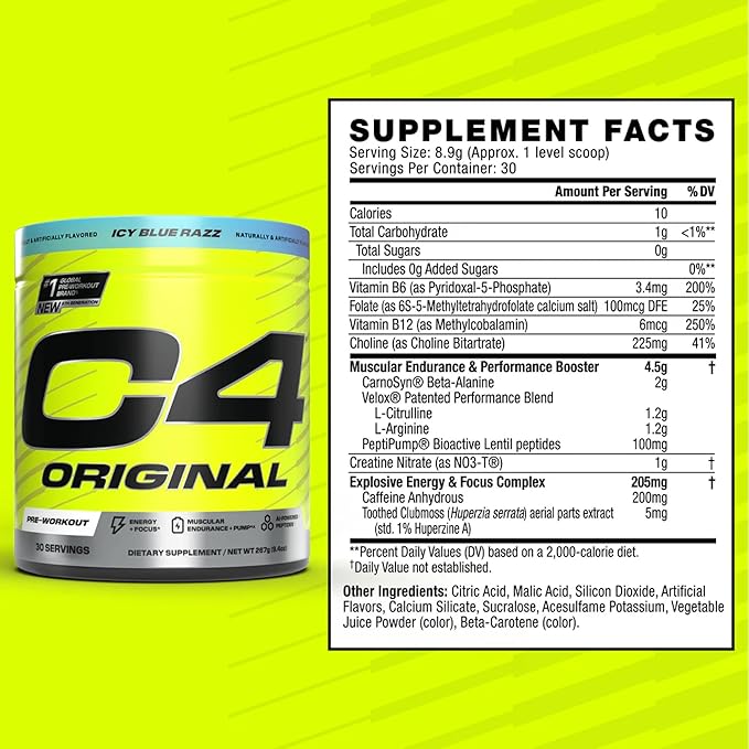 Cellucor C4 Original Pre Workout Powder Sugar Free for Men & Women 200mg Caffeine + CarnoSyn Beta-Alanine + Creatine + AI Peptides - ICY Blue Razz, 30 Servings
