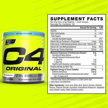 Cellucor C4 Original Pre Workout Powder Sugar Free for Men & Women 200mg Caffeine + CarnoSyn Beta-Alanine + Creatine + AI Peptides - ICY Blue Razz, 30 Servings