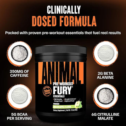 Animal Fury Pre Workout Powder - Green Apple, 350mg Caffeine, BCAA Amino Acids, 2g Beta Alanine, Citrulline & Tyrosine, Energy, Focus, Strength, Endurance, Preworkout for Men & Women, 20 Servings