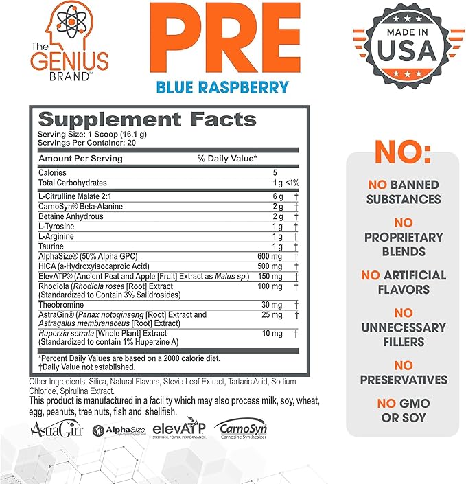 Genius Pre Caffeine-Free Pre Workout Boosted Energy, Focus, Performance Nootropic Formula AlphaSize, Citrulline Malate, CarnoSyn Beta Alanine Endurance, Stamina, Recovery, 20 Servings - Blue Raspberry