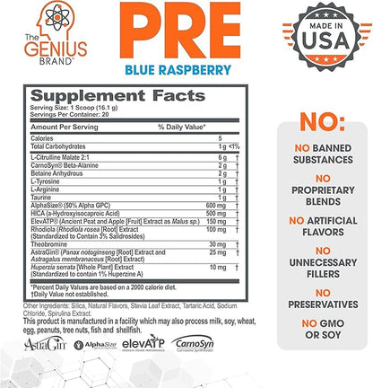Genius Pre Caffeine-Free Pre Workout Boosted Energy, Focus, Performance Nootropic Formula AlphaSize, Citrulline Malate, CarnoSyn Beta Alanine Endurance, Stamina, Recovery, 20 Servings - Blue Raspberry