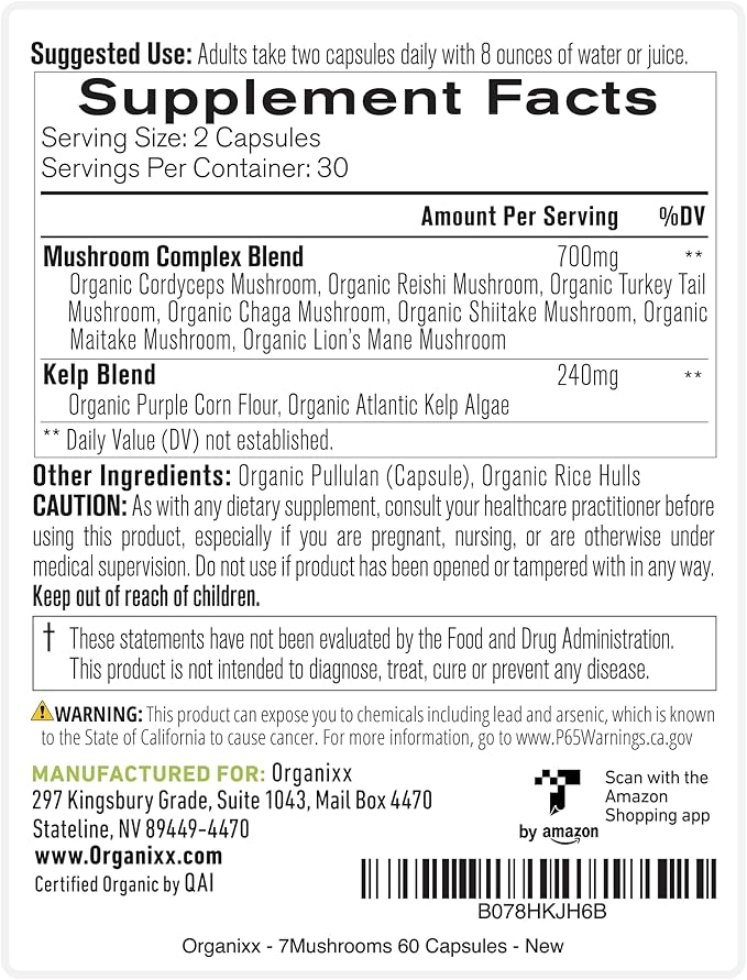 Organixx USDA Organic Mushroom Supplement, 7 Fermented Mushrooms – Lions Mane, Shiitake, Cordyceps, Turkey Tail, Reishi – for Immune & Digestion Support, 60 Vegetarian Capsules