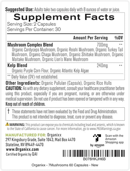 Organixx USDA Organic Mushroom Supplement, 7 Fermented Mushrooms – Lions Mane, Shiitake, Cordyceps, Turkey Tail, Reishi – for Immune & Digestion Support, 60 Vegetarian Capsules