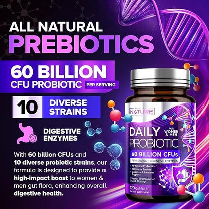 Built by Nature Probiotic for Women & Men – 60 Billion CFU, 10 Strains + Prebiotics & Digestive Enzymes – Supports Digestive, Immune, Reduce Gas & Bloating – Shelf Stable, Non-GMO - 120 Capsules