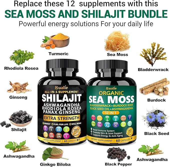 Sea Moss for Women & Shilajit for Men Supplement with Black Seed Oil, Ashwagandha, Maca & Ginger - Immune Support & Energy Booster - 120 Vegan Capsules - Organic Herbal Complex