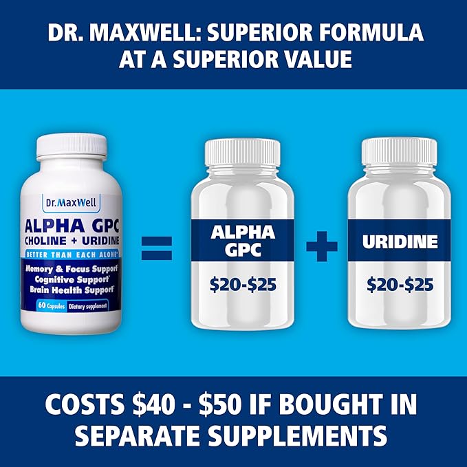 Alpha GPC 600mg + Uridine, a Choline Enhancer. Better Than Alpha-GPC or Uridine Alone. Best Choline Source: 2in1, Soy Free, No Fillers, USA, 60 Pills, Acetylcholine Precursor