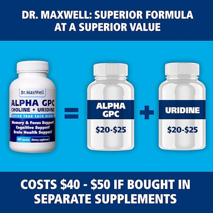 Alpha GPC 600mg + Uridine, a Choline Enhancer. Better Than Alpha-GPC or Uridine Alone. Best Choline Source: 2in1, Soy Free, No Fillers, USA, 60 Pills, Acetylcholine Precursor