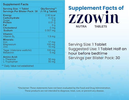 Zzowin Sleep Support Supplement – 5mg Melatonin, Valerian Root, Magnesium for Deep Sleep & Relaxation 30 Tablets | Natural Sleep Aid, Non-Habit Forming | Improve Sleep Quality | Pack of 1