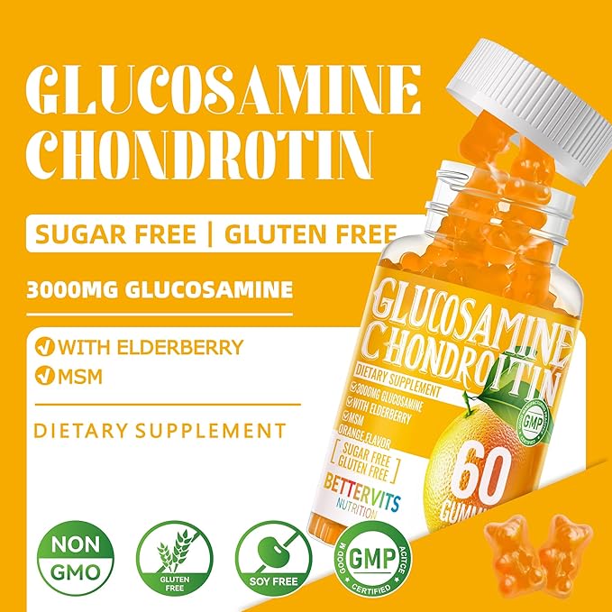 Glucosamine Chondroitin Gummies with MSM & Elderberry Extra Strength - Joint Support, Antioxidant Immune Support Supplement for Adults, Men & Women120 Orange Gummies