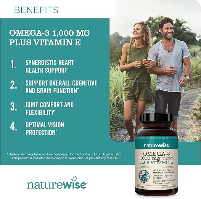NatureWise 1000mg Omega 3 600mg EPA 400mg DHA with Vitamin E 180ct & Vitamin B Complex for Cellular Energy 60 Softgels[2-Month]
