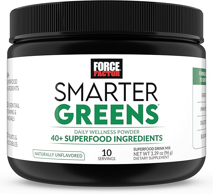 Force Factor Smarter Greens Daily Wellness Powder, Greens Superfood Powder to Support Gut Health, Bloating & Digestion, with 40+ Superfoods, 125 Million CFUs of Probiotics, Unflavored, 10 Servings