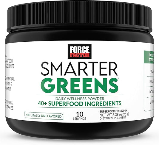 Force Factor Smarter Greens Daily Wellness Powder, Greens Superfood Powder to Support Gut Health, Bloating & Digestion, with 40+ Superfoods, 125 Million CFUs of Probiotics, Unflavored, 10 Servings