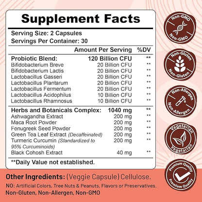 Menopause supplements for women, 120 Billion CFU Probiotic, 13-in-1 Herbs & Botanicals Complex, for Hormone Menopause, Hot Flashes, Night Sweats, Mood Swings, Sleep Disturbances, Vegan, 120 Caps