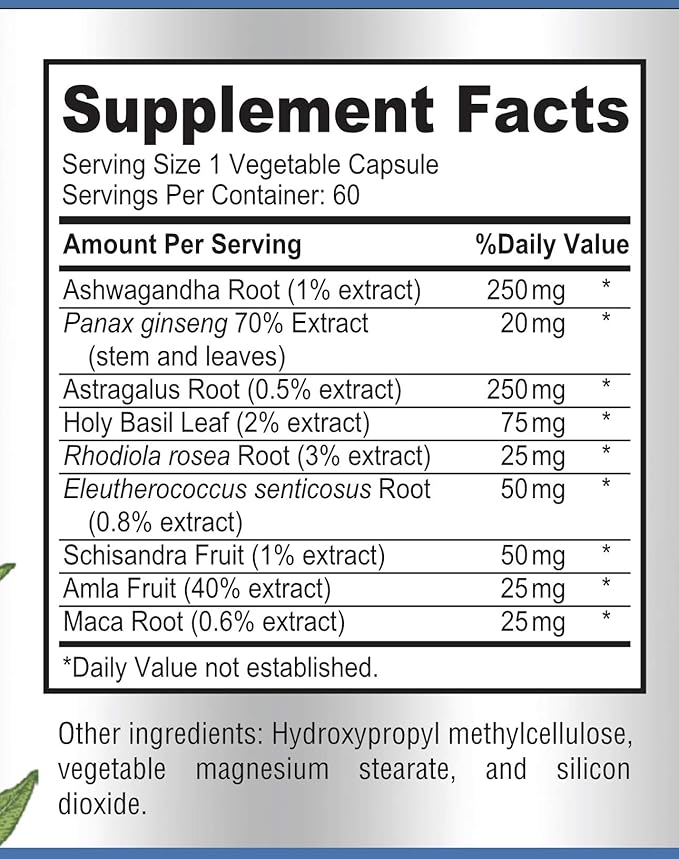 Adaptogen Stress Relief Immune Support Formula - Adaptogenic Adrenal Support with Ashwagandha, Astragalus, Ginseng, Holy Basil, Rhodiola, Amla, Maca, Schisandra, Non-GMO - 60 Capsules