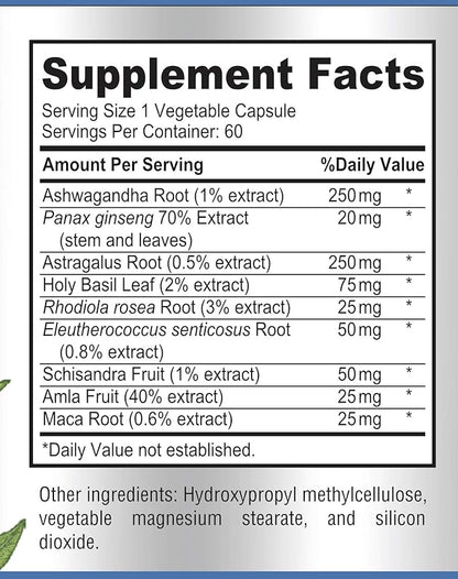 Adaptogen Stress Relief Immune Support Formula - Adaptogenic Adrenal Support with Ashwagandha, Astragalus, Ginseng, Holy Basil, Rhodiola, Amla, Maca, Schisandra, Non-GMO - 60 Capsules