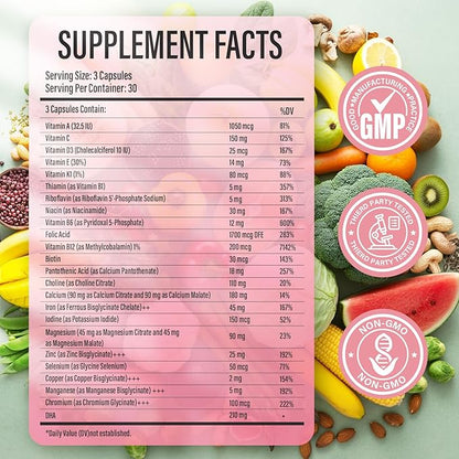 Prenatal Vitamins for Women multivitamin with Folic Acid DHA Choline for Pregnant and Breastfeeding Women Niacinamide Biotin and Minerals 27 in 1 Needed Supplement 90 Capsules-30 Servings-Yellow