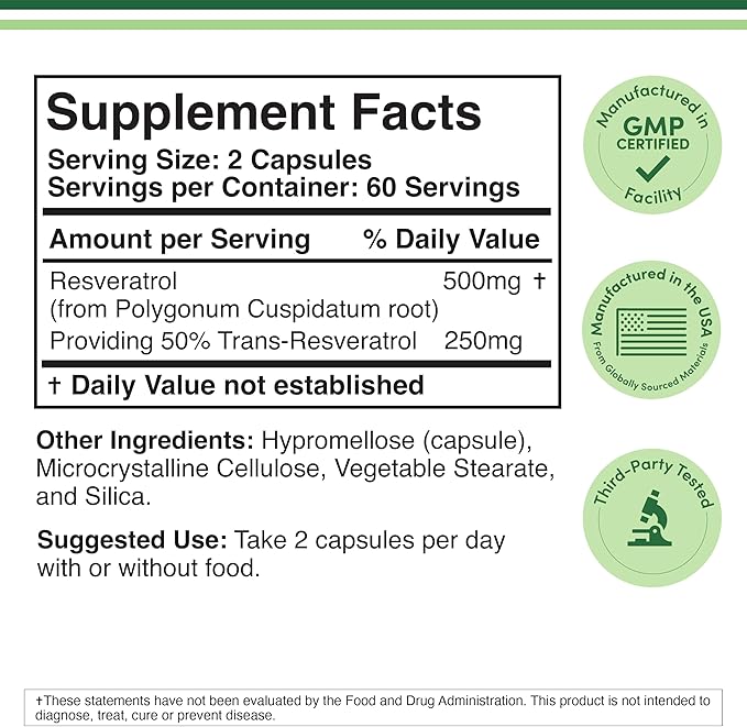 Resveratrol Supplement 500mg Per Serving, 120 Capsules (Resveratrol Polygonum Root Extract Providing 50% Trans Resveratrol) Healthy Aging Support by Double Wood