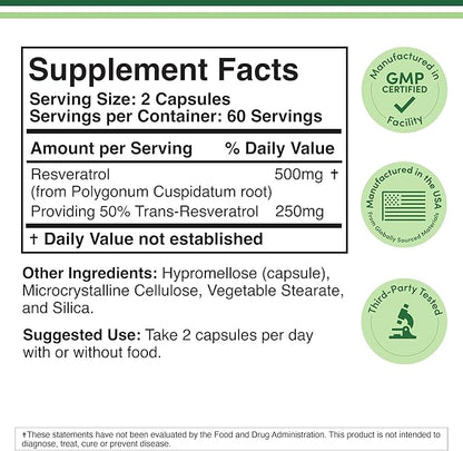 Resveratrol Supplement 500mg Per Serving, 120 Capsules (Resveratrol Polygonum Root Extract Providing 50% Trans Resveratrol) Healthy Aging Support by Double Wood