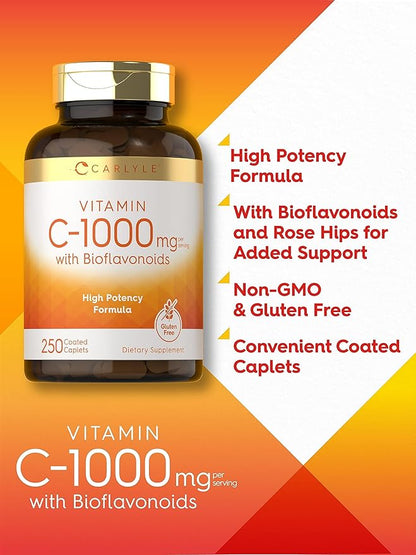 Carlyle Vitamin C 1000mg with Bioflavonoids | 250 Caplets | with Rose HIPS | Vegetarian, Non-GMO, Gluten Free Supplement