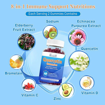 (2 Pack) Quercetin Gummies with Bromelain Elderberry Zinc & Vitamin C, Quercetin Supplement Gummies, Immune Support for Adults & Kids, Vegan Mixed Berry Flavor 120 Cts