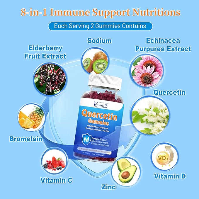 Quercetin Gummies for Kids, Adults Women Men, Quercetin with Bromelain Elderberry Vitamin C Zinc Echinacea Immune Support Supplement, Mixed Berry Flavor 60 Cts