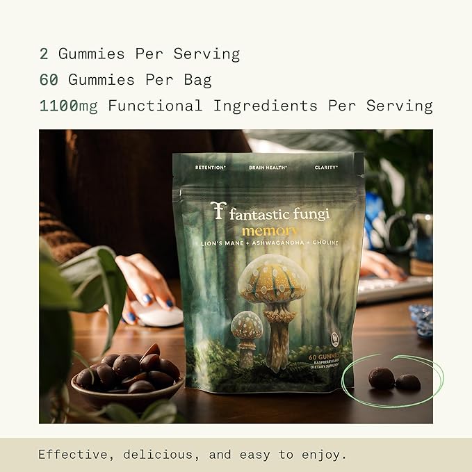 Memory Gummies with Lion’s Mane, Ashwagandha & Choline, Mushroom Gummies, Brain Supplements for Memory and Focus– Vegan, Gluten-Free, Sweet and Sour Flavor | 60 Gummies, 1 Month Supply