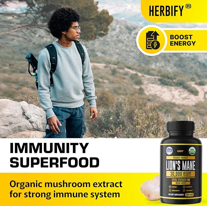 Lions Mane Supplement - Daily Mushroom Supplement for Memory, Focus & Clarity - Brain Booster - Lions Mane Capsules for Natural Immune Support - Vegan, Organic - 120 Capsules