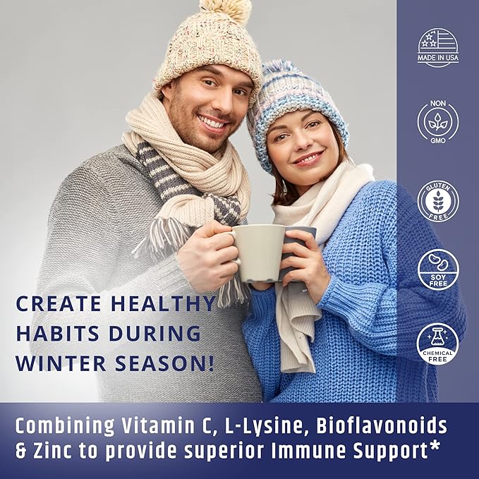 Vitamin C 1000mg Complex with L-Lysine 500mg, Zinc Gluconate 12mg, Bioflavonoids 300mg. Doctor Formulated Magnesium Stearate Free Supplements for Healthy Immune System Support. Two Bottles.(2)