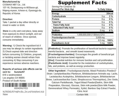 Pre&Pro Biotics, 1Billion CFU, Powder Type Korea Probiotics, Multi-Strain Probiotic Blend, Supports Digestive Wellness, Contains Zinc and Pantothenic Acid