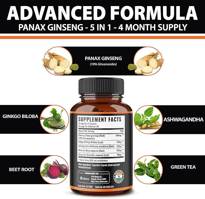 Zolotus Korean Red Panax Ginseng + Ginkgo Biloba, Ashwagandha, Beetroot, Green Tea - 120 Capsules (Pack of 2)