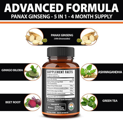 Zolotus Korean Red Panax Ginseng + Ginkgo Biloba, Ashwagandha, Beetroot, Green Tea - 120 Capsules (Pack of 2)