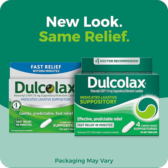 Dulcolax Stimulant Laxative Medicated Suppositories, Predictable & Effective Constipation Relief, Bisacodyl 10 mg, 4 Count