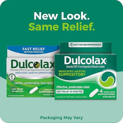 Dulcolax Stimulant Laxative Medicated Suppositories, Predictable & Effective Constipation Relief, Bisacodyl 10 mg, 4 Count