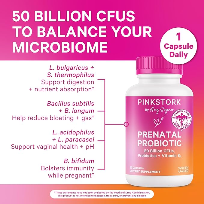 Pink Stork Prenatal Probiotics for Women - 50 Billion CFU, Vitamin B6, Prebiotics, Morning Sickness, Gut Microbiome, Pregnancy Probiotic, Immune Support, Pregnancy Must Haves - 30 Capsules