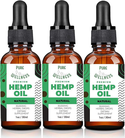 Pure Wellness Hemp Seed Oil Drops Peppermint Flavor for Improved Cognitive Function, Omega 3 6 9 Fatty Acids, Organic, Non-GMO, Vegan (Natural Hemp, 3-Pack)