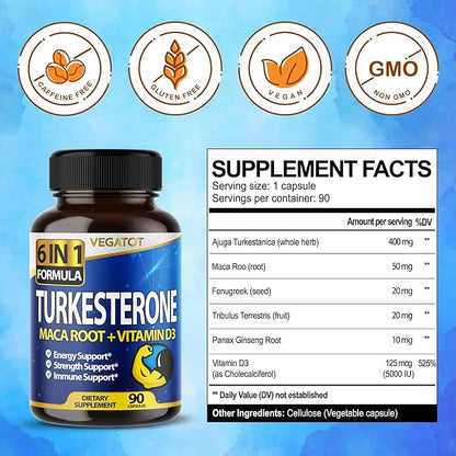 VEGATOT 6 in 1 High Strength Turkesterone Concentrated with Maca Root Fenugreek Tribulus Boost Energy Stamina 3-Month Supply (60 Count (Pack of 1))