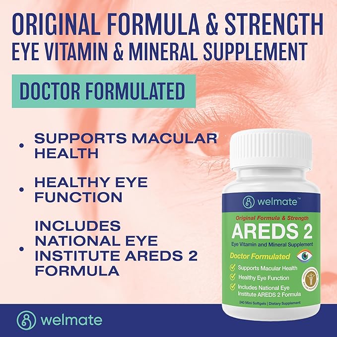 WELMATE - AREDS 2 (120 Servings) - Eye Vitamin and Mineral Supplement - Vitamin C, Zinc, Lutein, Zeaxanthin - Macular Health - Doctor Formulated & Tested - Eye Care - Gluten Free - 240 Mini Softgels