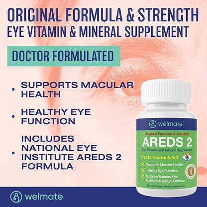 WELMATE - AREDS 2 (120 Servings) - Eye Vitamin and Mineral Supplement - Vitamin C, Zinc, Lutein, Zeaxanthin - Macular Health - Doctor Formulated & Tested - Eye Care - Gluten Free - 240 Mini Softgels
