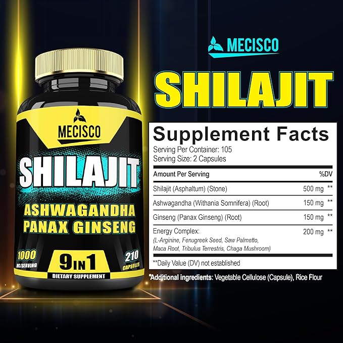 9in1 Shilajit Pure Himalayan Organic with Ashwagandha Root, Panax Ginseng, L-Arginine, Chaga & More - 210 Capsules - Shilajit Supplement for Immunity, Energy Production, Stamina & Comfortable Mood