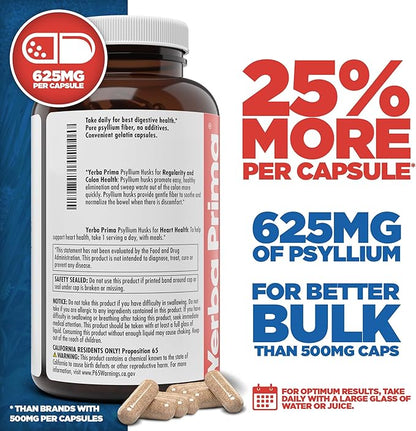 Yerba Prima Psyllium Husks Caps, 625 mg, 400 Capsules (Pack of 2) - Natural Fiber for Men and Women - Regularity Support Supplement