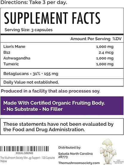 Morning Rush - Lion’s Mane, Turmeric & Ashwagandha Extract Blend - Mushroom Supplement for Focus & Energy Support - 120 Capsules