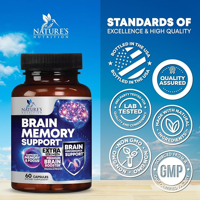 Brain Supplements for Memory and Focus - 40 Nootropics & Vitamins to Support for Alertness, Clarity & Concentration, Brain Health, B6, B12, Phosphatidylserine - 60 Capsules