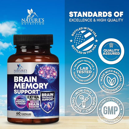 Brain Supplements for Memory and Focus - 40 Nootropics & Vitamins to Support for Alertness, Clarity & Concentration, Brain Health, B6, B12, Phosphatidylserine - 60 Capsules