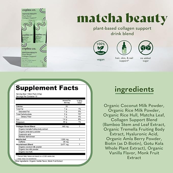 Matcha Beauty Vegan Collagen Booster Drink Blend: Plant Based Collagen Support Smoothie Drink Vegan Blend Variety Pack | Matcha Flavor || 3 Cartons, 10 Individual Servings per Carton