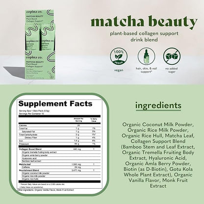 Matcha Beauty Vegan Collagen Booster Drink Blend: Plant Based Collagen Support Smoothie Drink Vegan Blend Variety Pack | Matcha Flavor || 3 Cartons, 10 Individual Servings per Carton