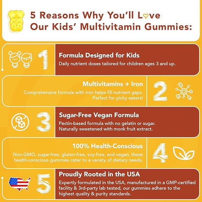 Picky Eater Kids Multivitamin Gummies with Iron - Sugar Free Chewable Iron Supplement for Toddlers & Children 3 & Up - Essential Kids Vitamins for Growth & Development